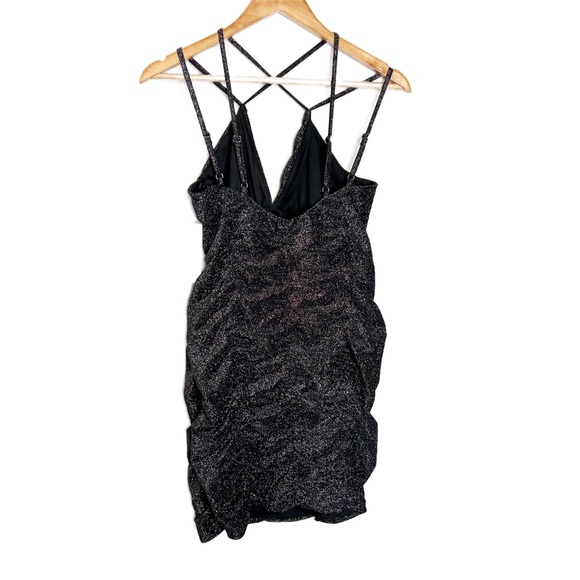 NWT Wild Fable Black Sparkle Ruched Bodycon Mini Dress Spaghetti Straps V Neck - Picture 9 of 16